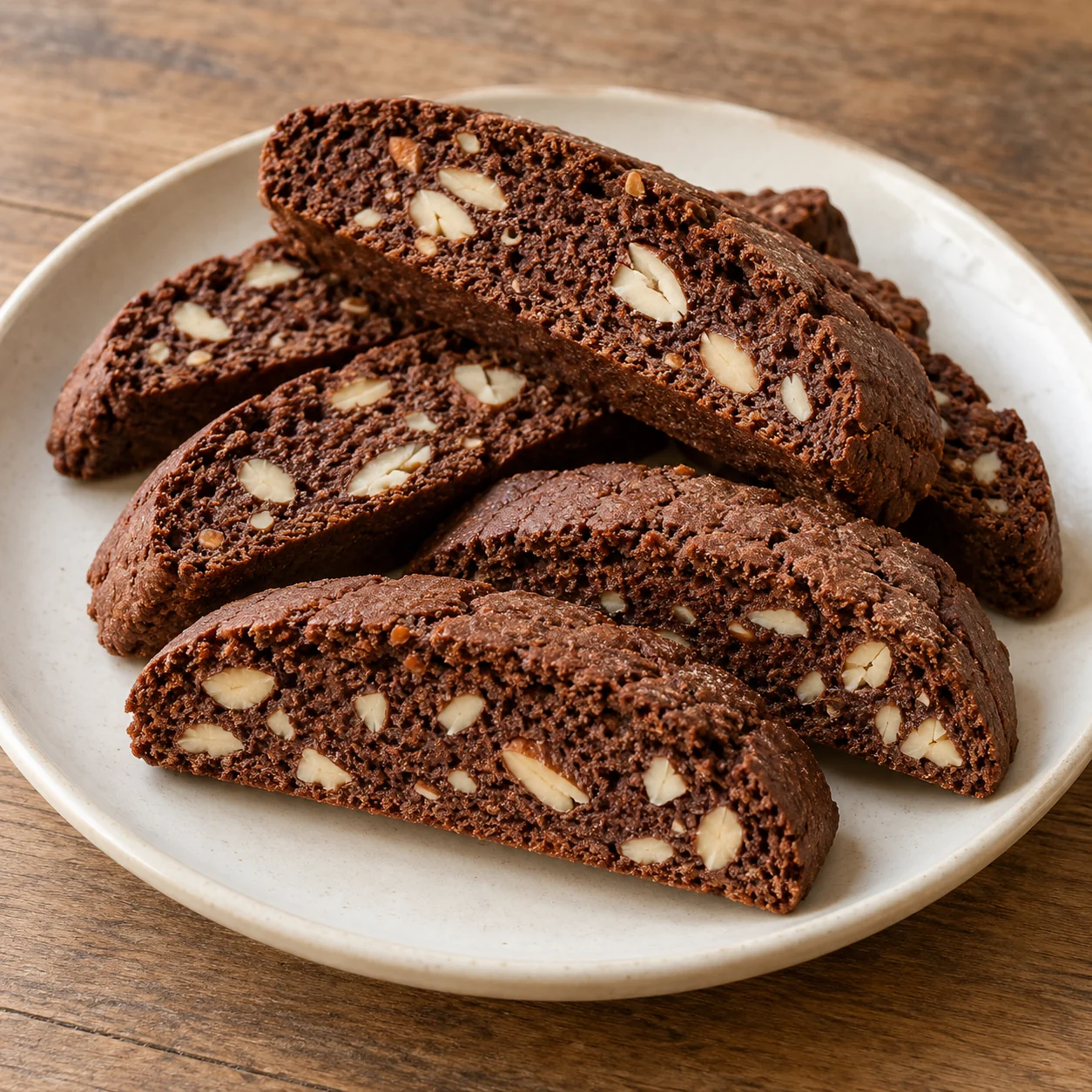 Cocoa dough with chopped almonds is baked as two logs, sliced and baked again until crisp.