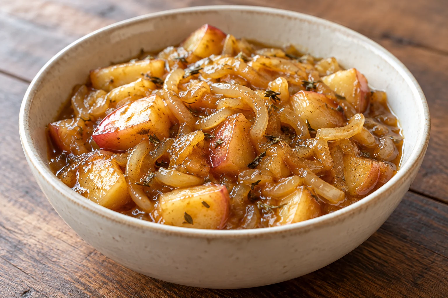 Soft apple pieces and golden onions make a tangy spoonable sauce with cider vinegar and thyme.