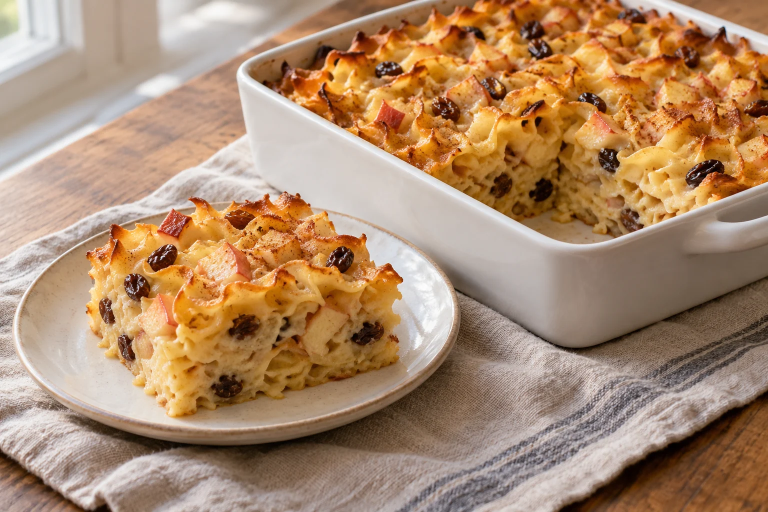 Wide egg noodles bake in a lightly sweetened yogurt-and-egg custard with skin-on apple, raisins and cinnamon.