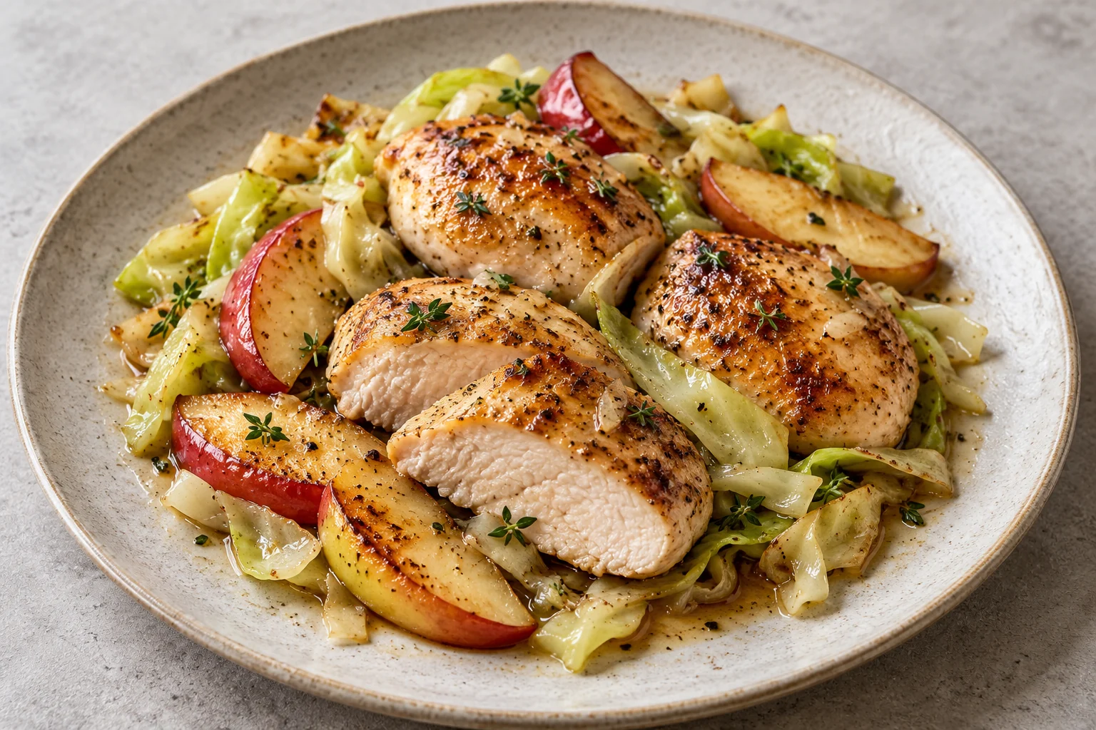 golden chicken breast medallions with pale-green cabbage ribbons, browned red-skinned apple wedges and thyme.
