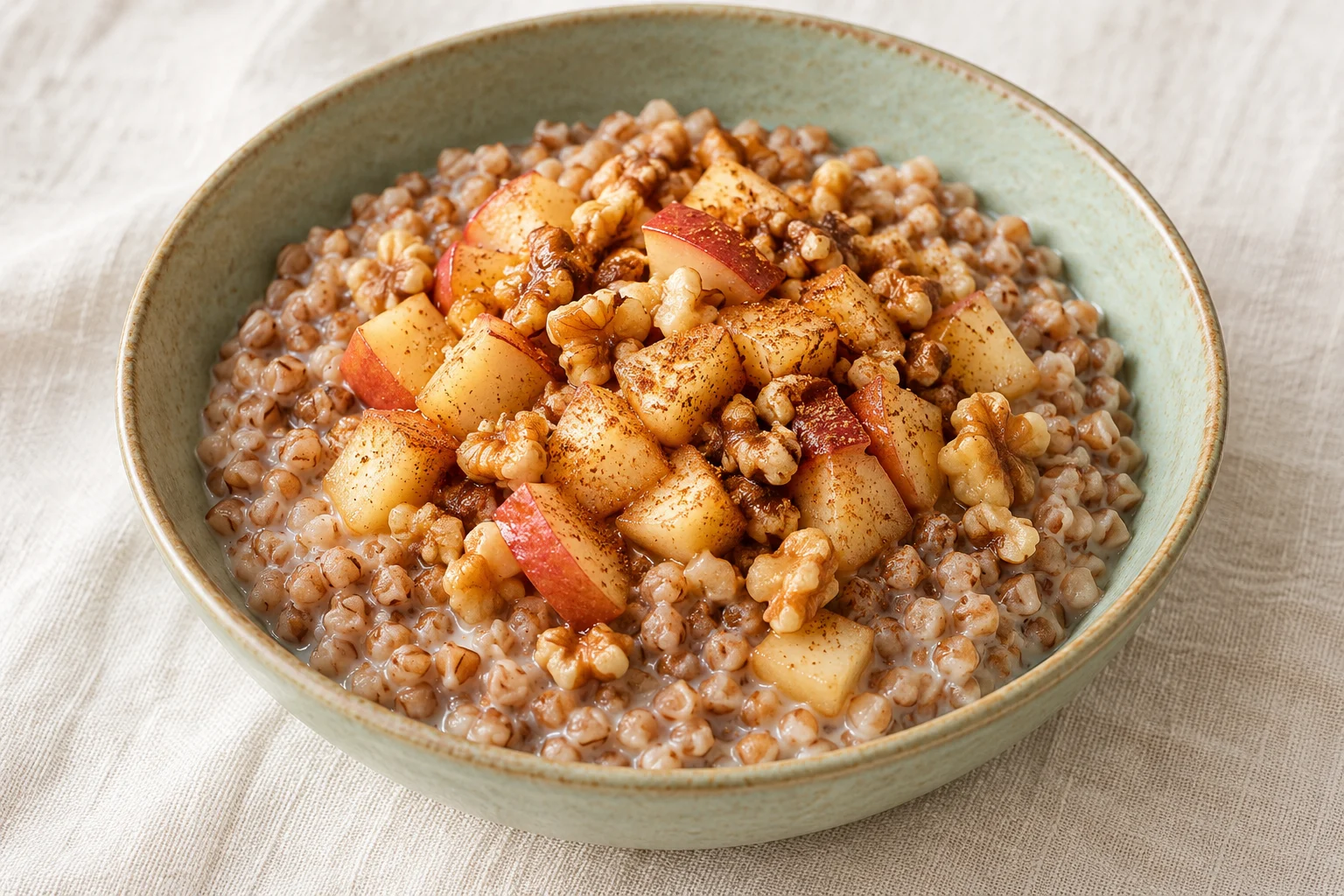 creamy buckwheat porridge topped with red-skinned sautéed apple pieces, walnuts and cinnamon in a celadon bowl.