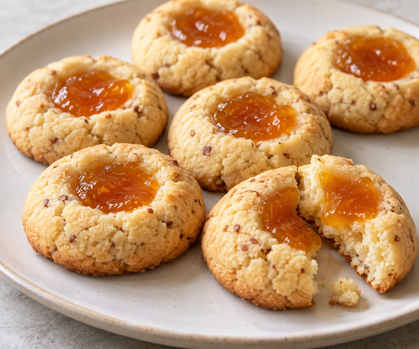 Tender butter cookies with finely ground almonds hold small apricot-jam centers.