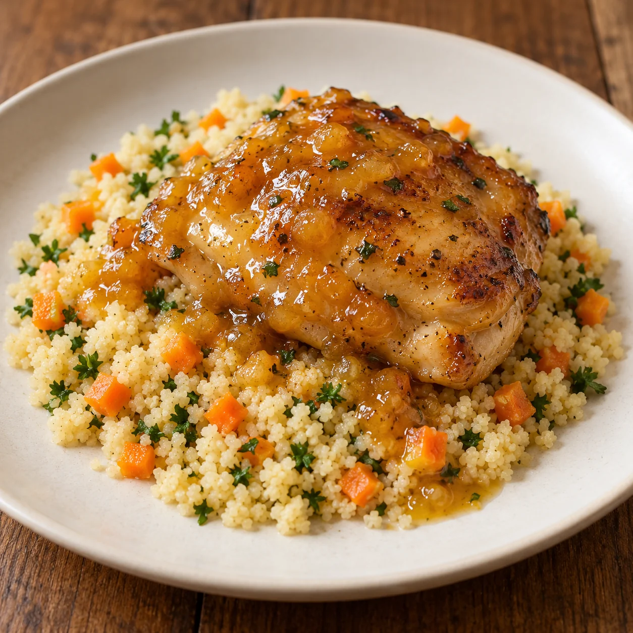 Boneless chicken thighs simmer in a glossy apricot-lemon sauce over couscous with tender carrot and parsley.