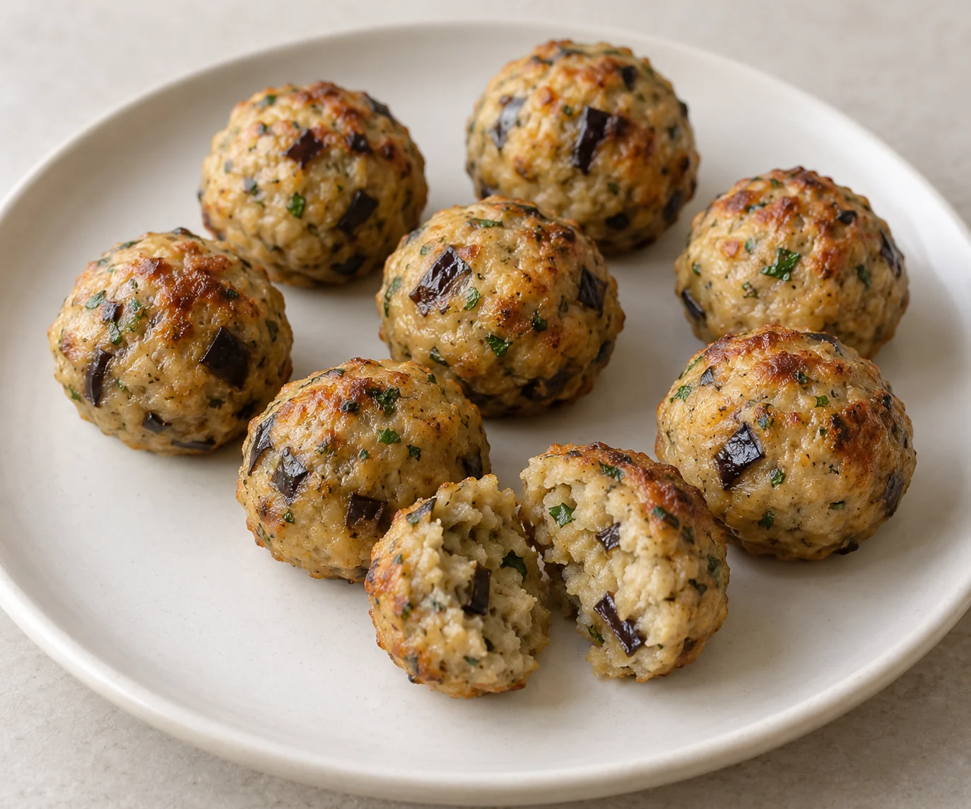 Skin-on roasted eggplant mashed with breadcrumbs, egg and hard cheese, then baked into tender savory appetizer balls.