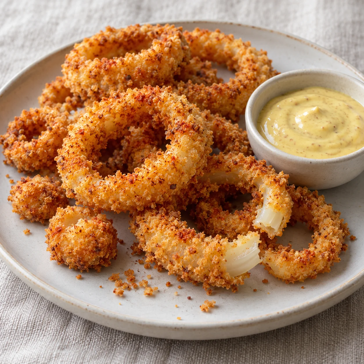 Tender onion rings with a golden breadcrumb coating and a cool yellow-mustard yogurt dip.