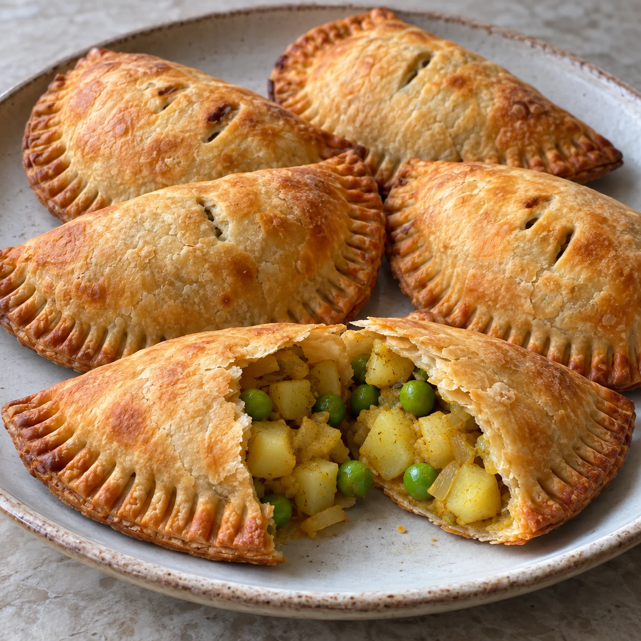 Fork-crimped olive-oil pastries filled with softly cooked potato, peas and warm cumin-coriander seasoning.
