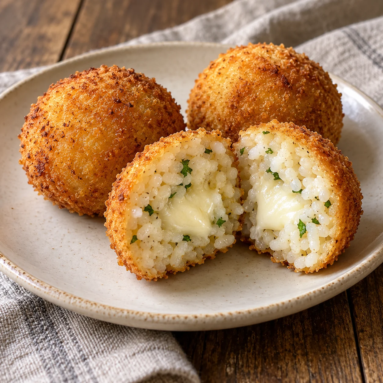 Round baked rice croquettes have a golden breadcrumb shell and a melted mozzarella center.