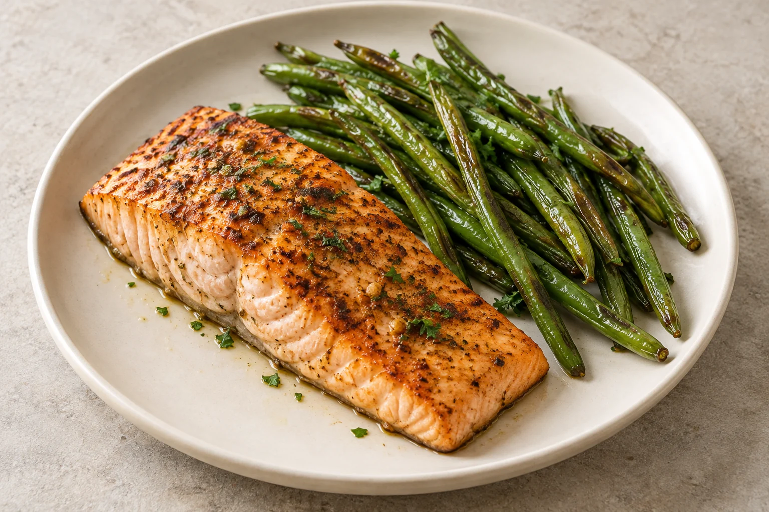 Baked salmon with roasted green beans and chopped parsley on an ivory plate.