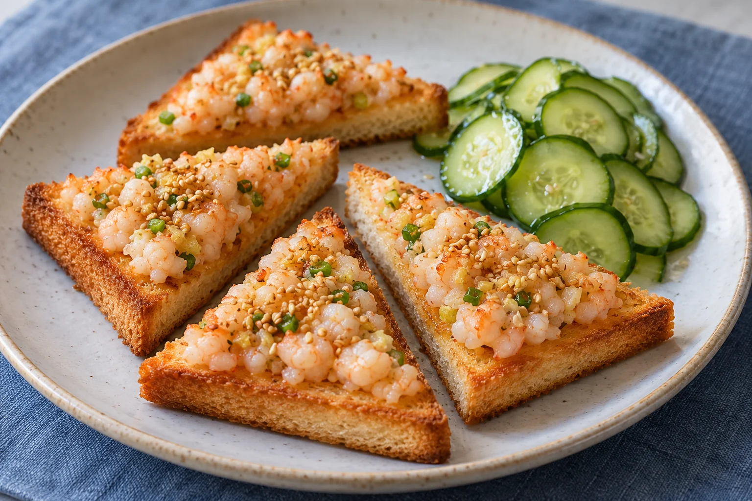 A finely chopped shrimp topping and sesame crust bake onto bread triangles, served with a sharp cucumber salad.