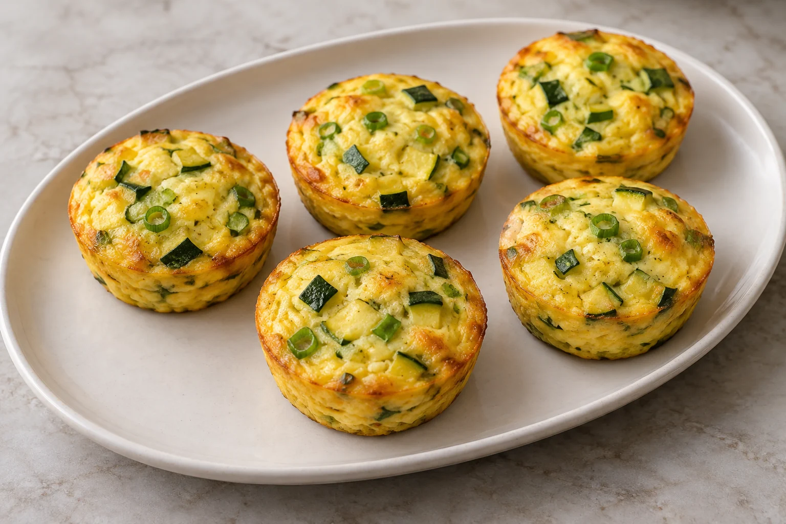 Golden zucchini and scallion egg bites on a white platter.