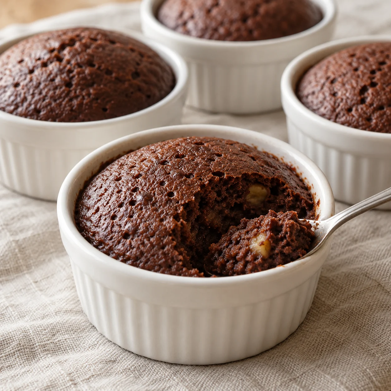 Soft cocoa and banana sponge puddings steam in individual ramekins and are served warm.