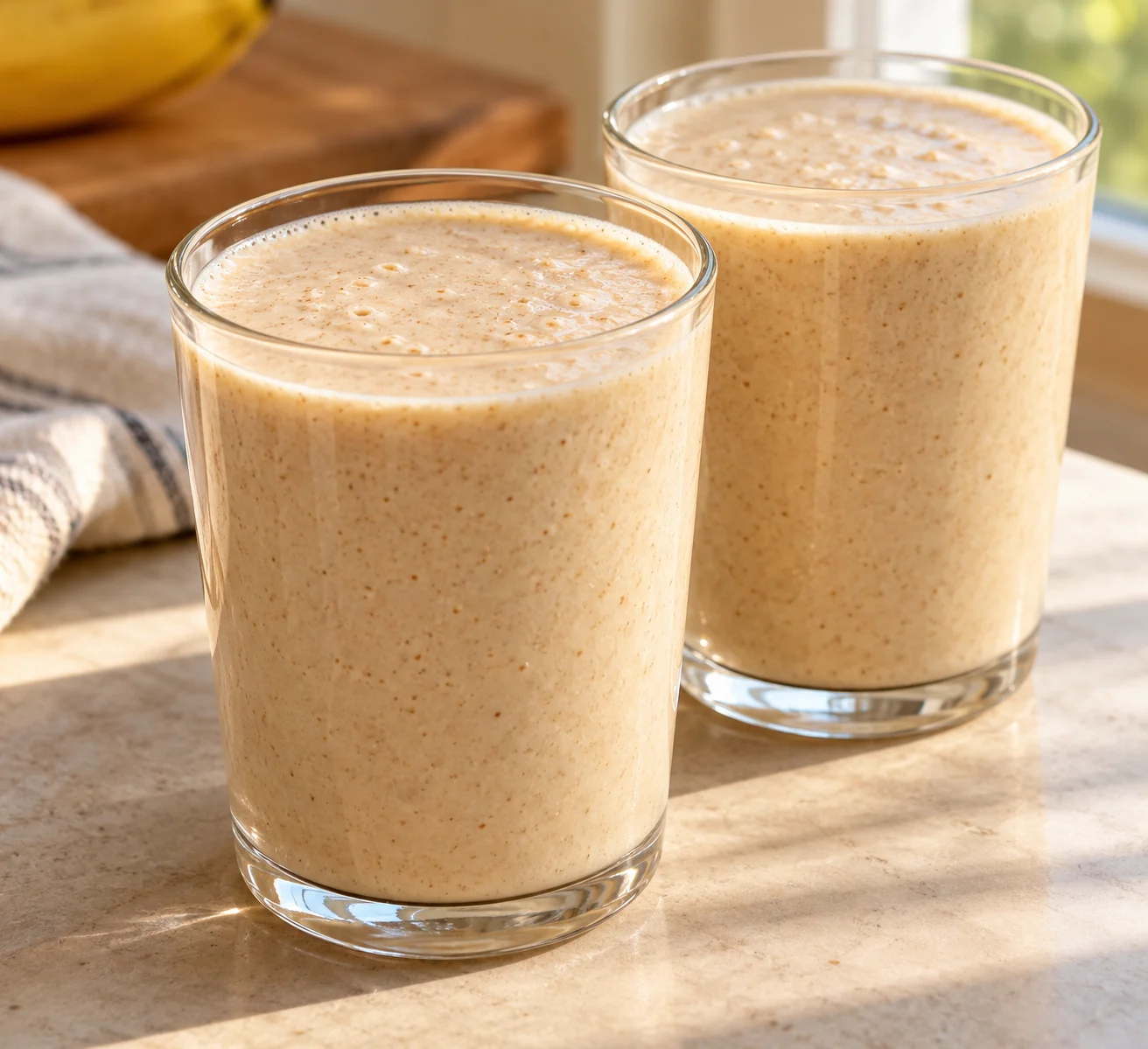 Cooked and chilled oats blend with banana, milk, yogurt and peanut butter into a thick breakfast drink.