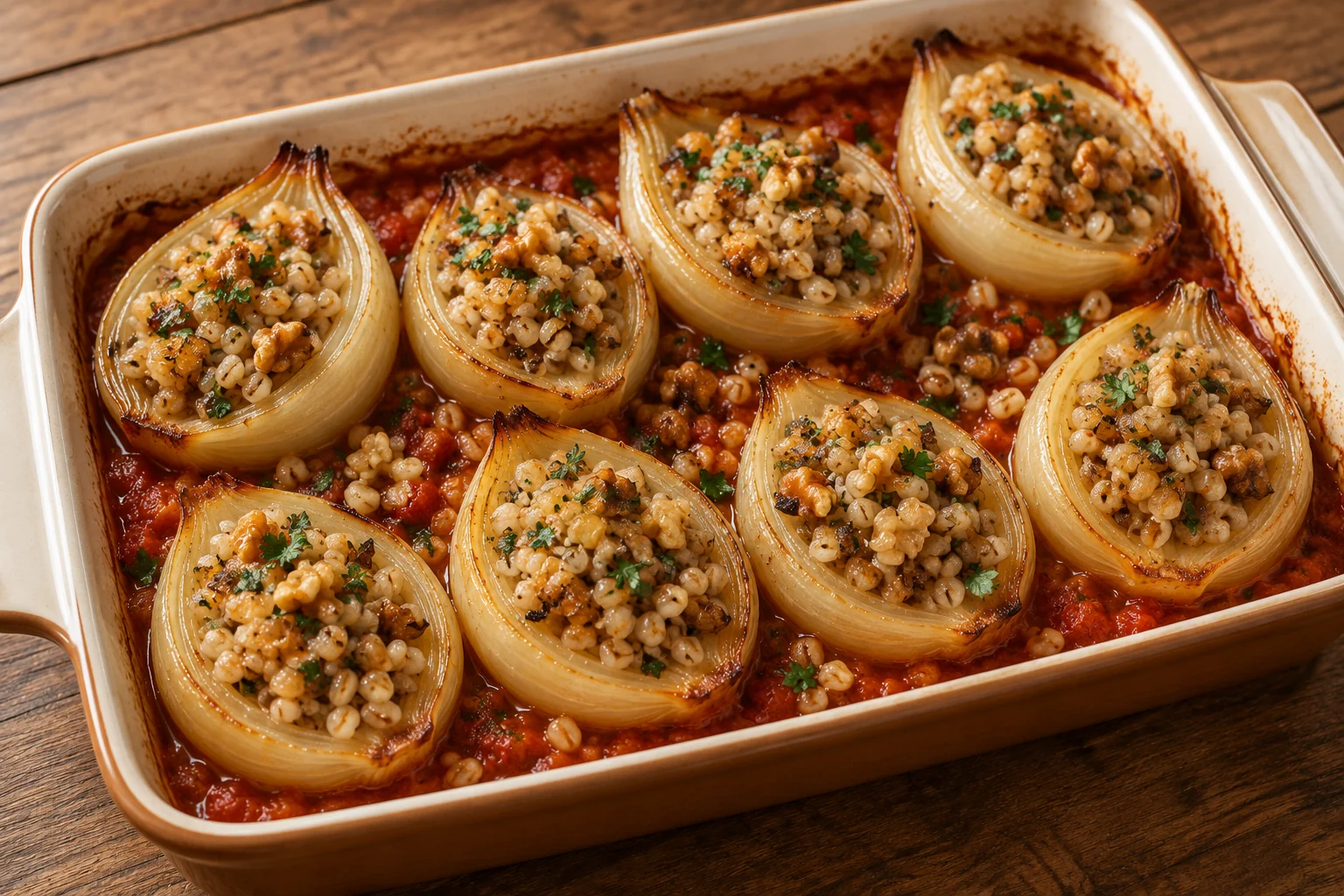 Tender onion shells cradle pearled barley, walnuts and their own sautéed centers over a fresh tomato sauce.