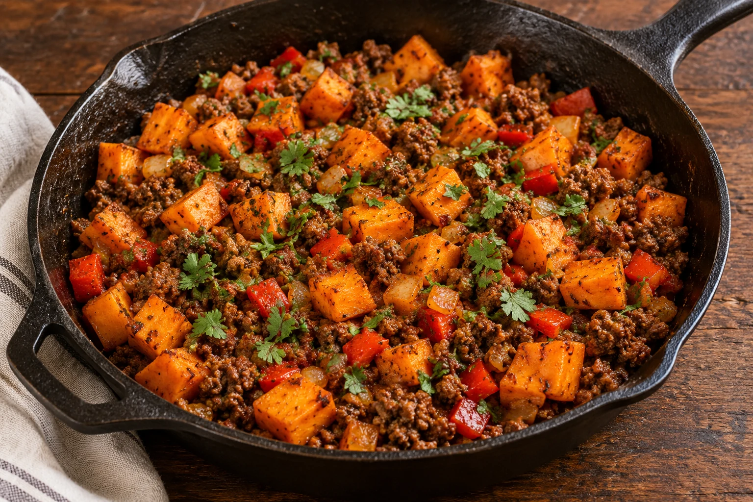 Ground beef and sweet potato cubes with bell pepper, onion and cilantro in a skillet