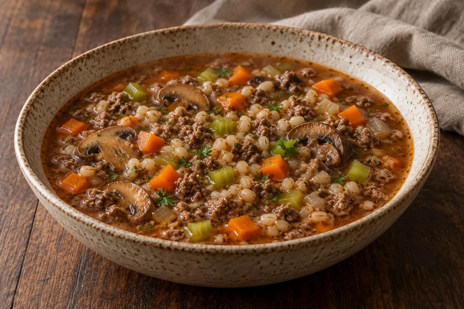 ground beef, pearl barley, sliced mushrooms, carrot, celery and parsley in a bowl of broth.