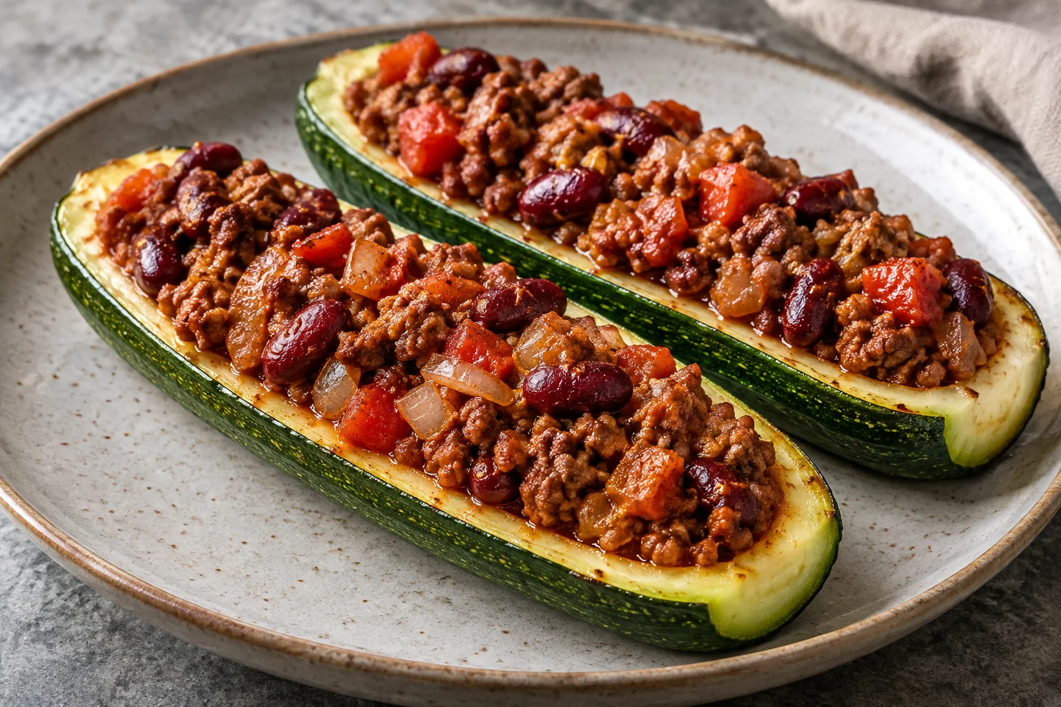 Tender zucchini shells filled with ground beef, red kidney beans, tomato and paprika, without a cheese topping.