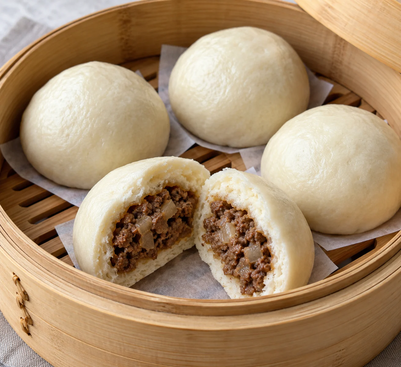 Soft yeast buns enclosing a fully cooked beef-and-onion filling, then steamed in two batches.