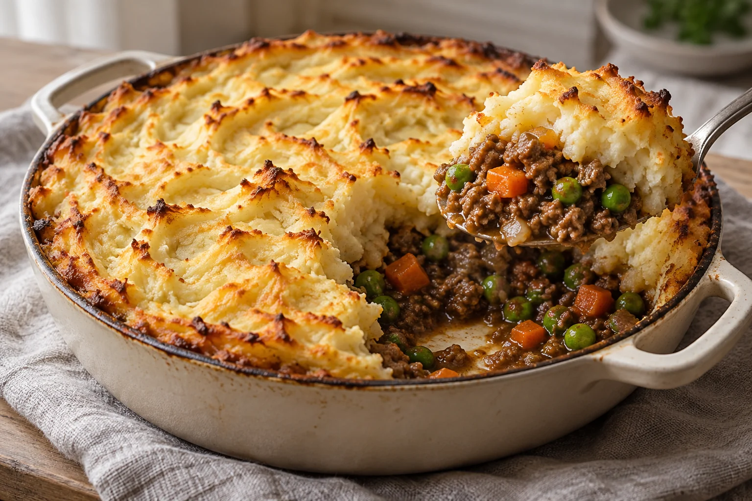 A ground-beef, carrot and pea filling bakes beneath a rustic potato topping without cheese or pastry.