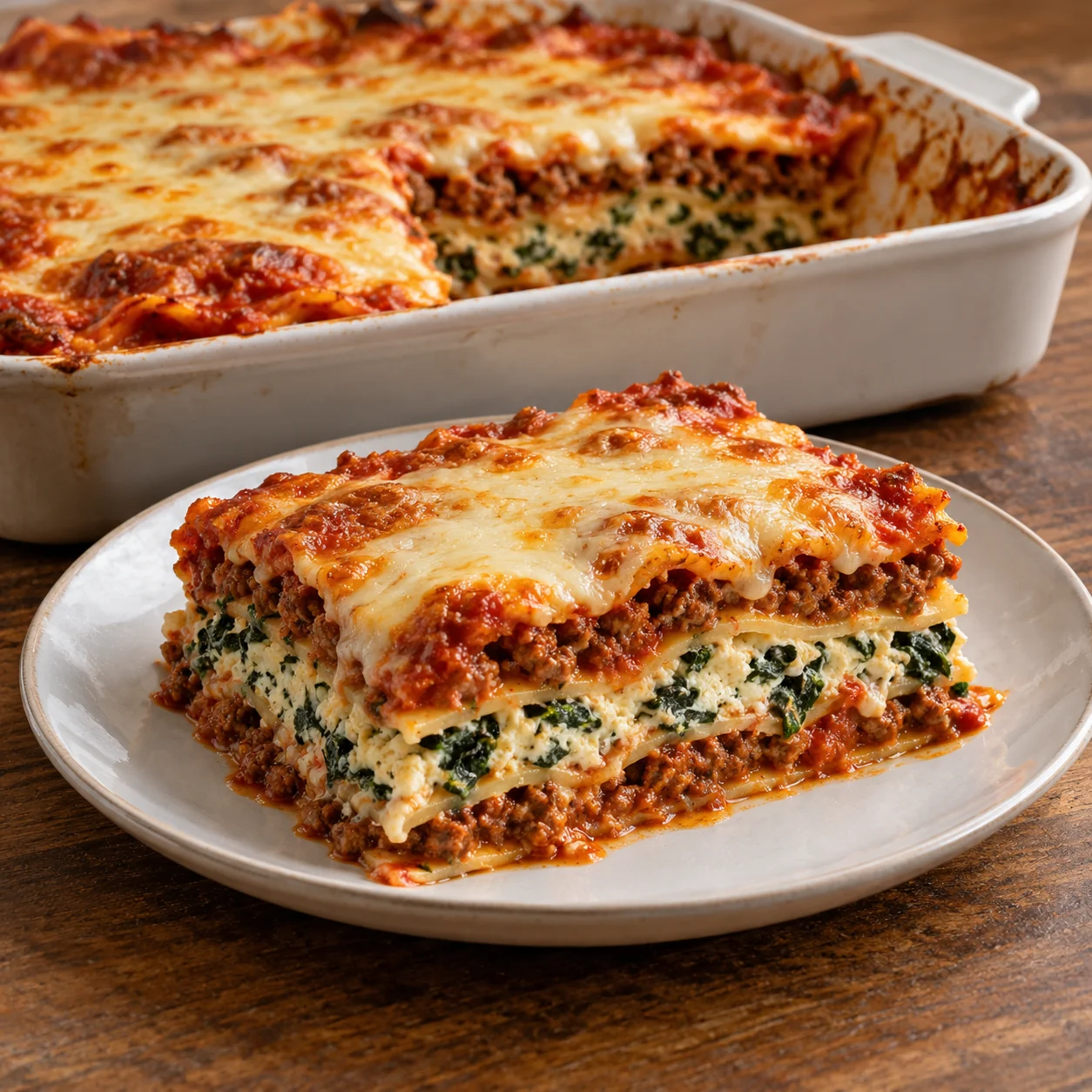 Three pasta layers separate a tomato-beef sauce and a soft spinach-ricotta center beneath browned mozzarella.