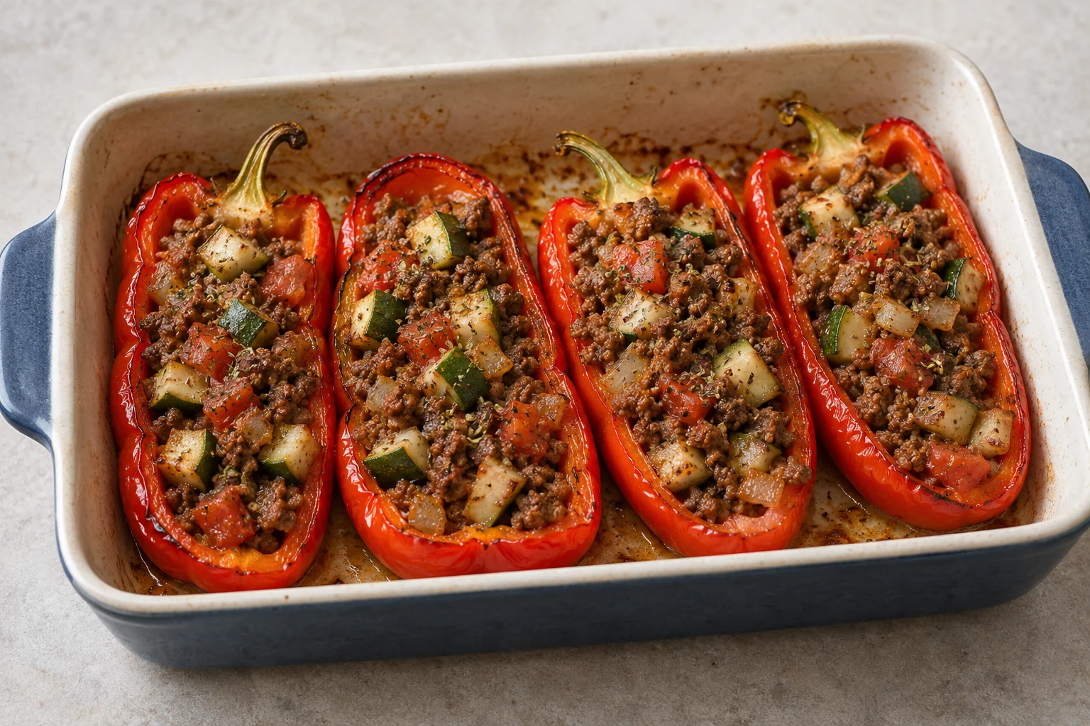four lengthwise red pepper halves filled with ground beef, diced zucchini, tomato, onion and oregano flecks.