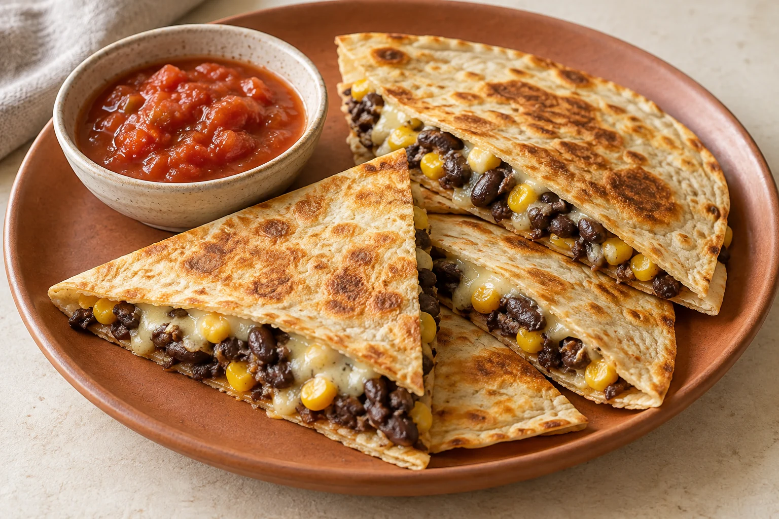 Golden quesadilla wedges filled with black beans, corn and melted cheese, with salsa