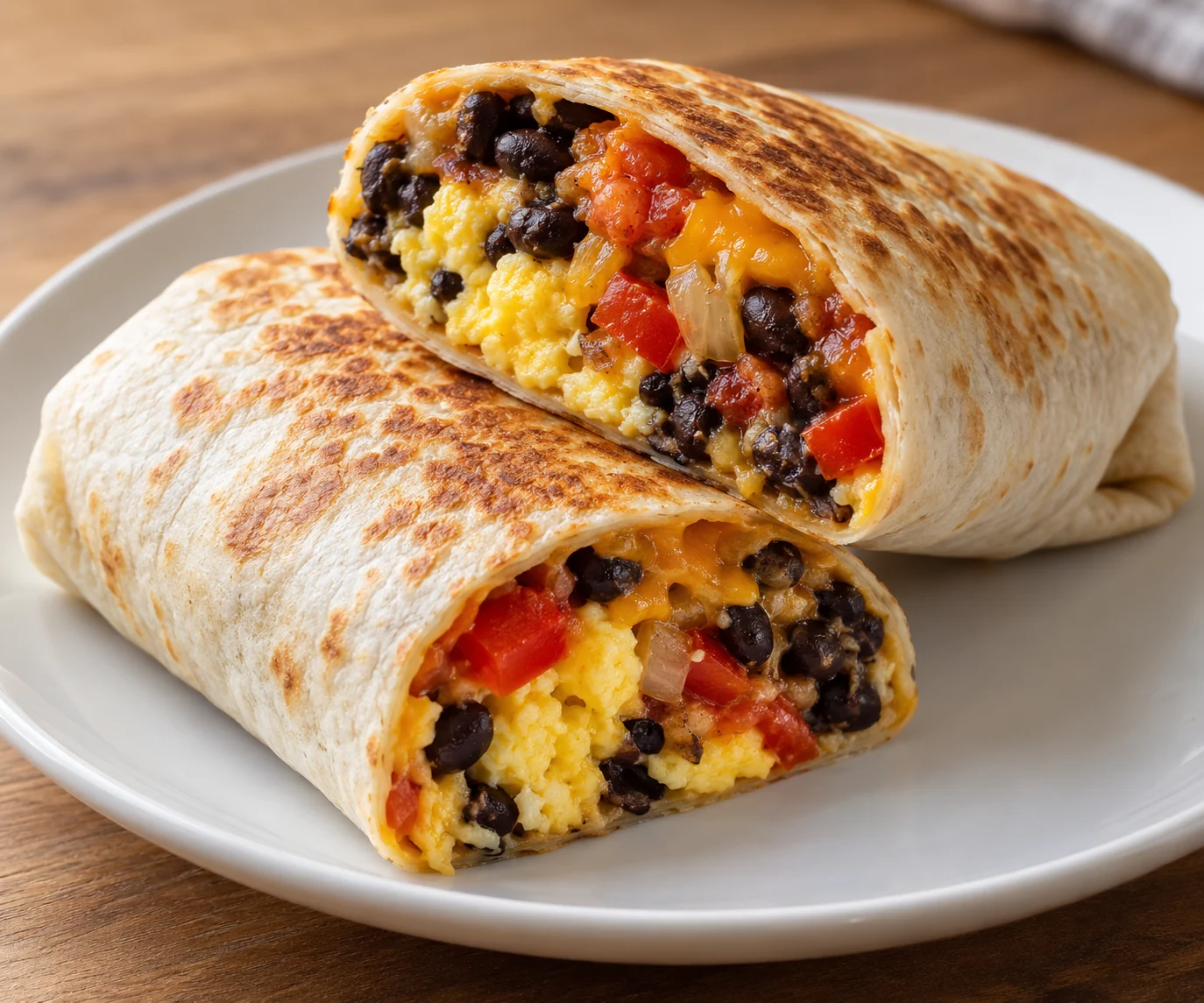 Cooked black beans, peppers and scrambled eggs roll into warm flour tortillas before a final skillet toast.