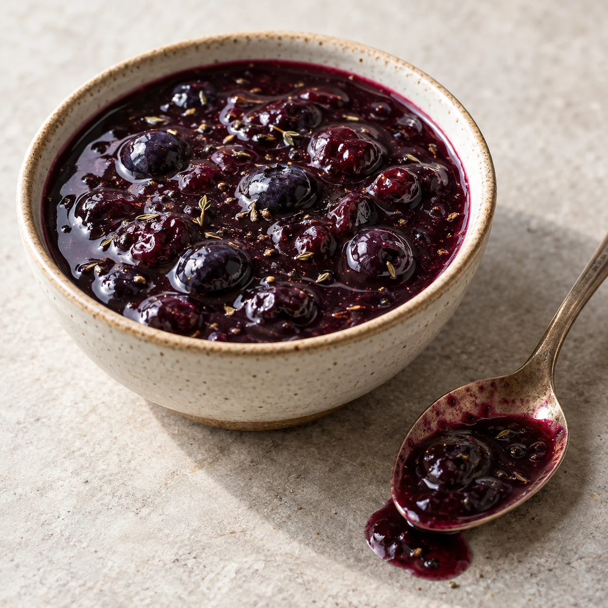 A glossy, gently tart blueberry sauce with balsamic vinegar, maple syrup and a little thyme.
