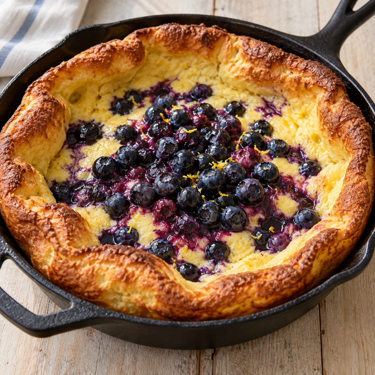 A puffed oven pancake with golden edges is served with warm blueberries and lemon.