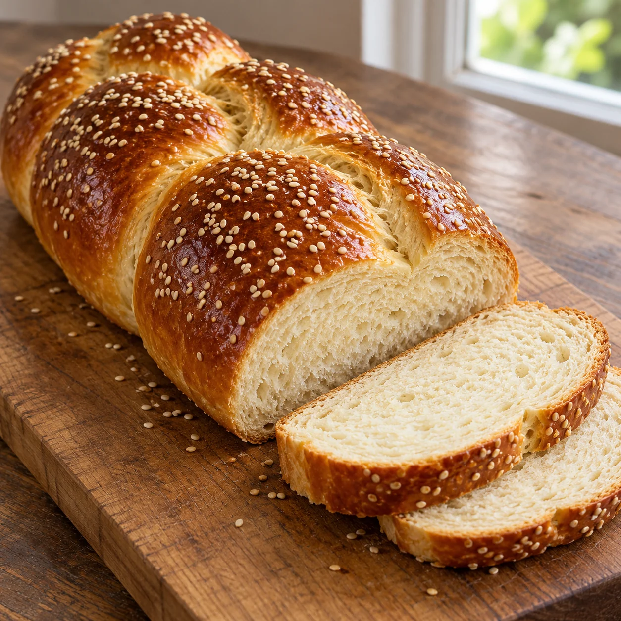 A three-strand braided loaf enriched with eggs and oil, finished with a thin egg wash and sesame seeds.