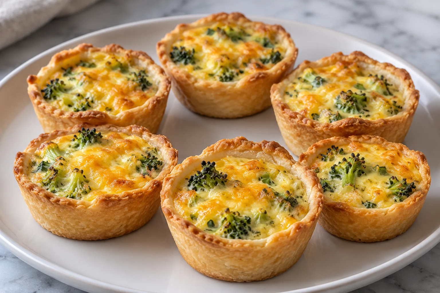 Small butter shortcrust shells hold finely chopped broccoli and a cheddar egg custard.
