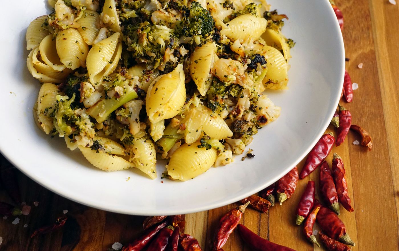 Broccoli & chili pasta shells; shell-shaped pasta, finely chopped broccoli, red dried chilies beside plate, olive oil or light sauce