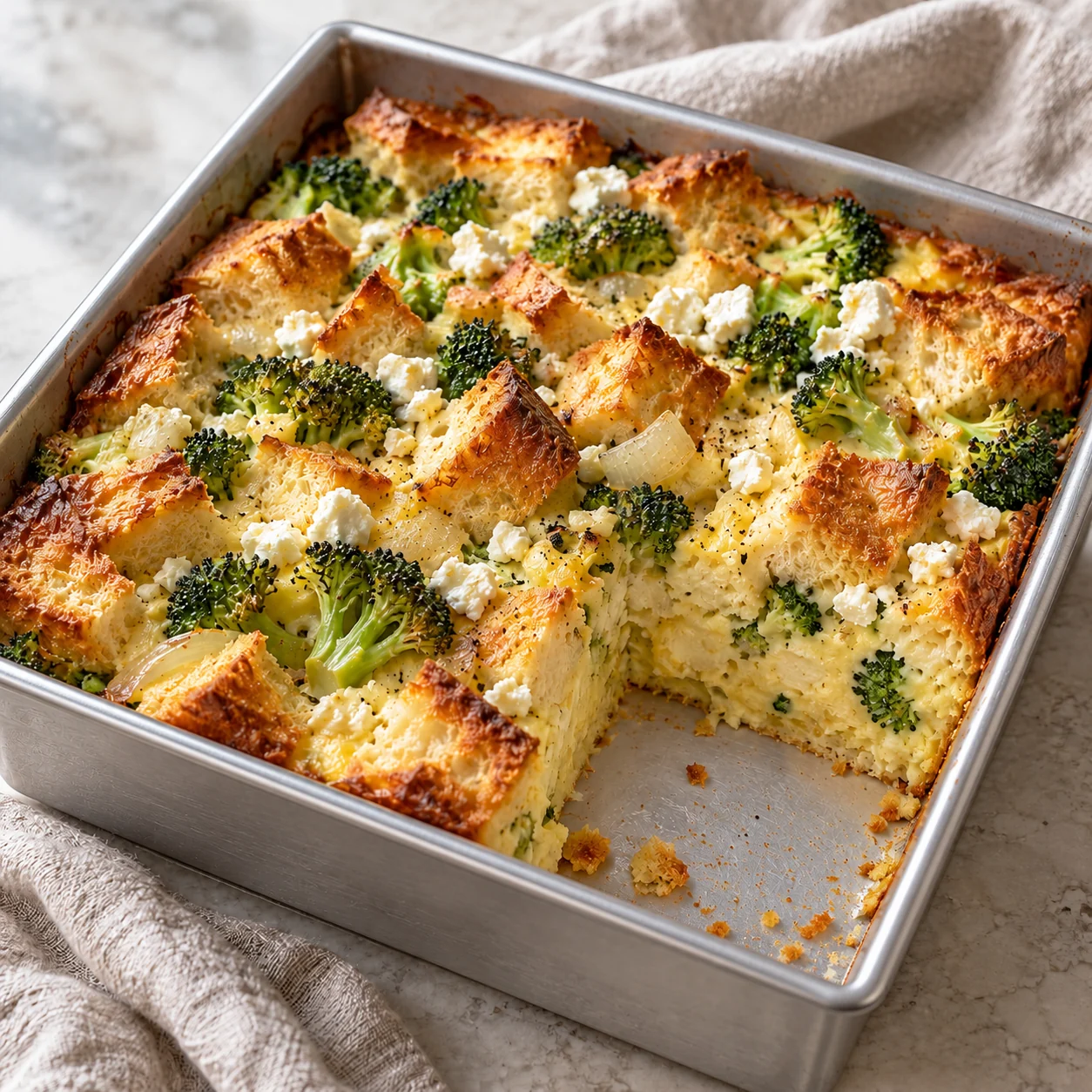 Bread cubes soak in egg and milk before baking with broccoli, onion and tangy feta.