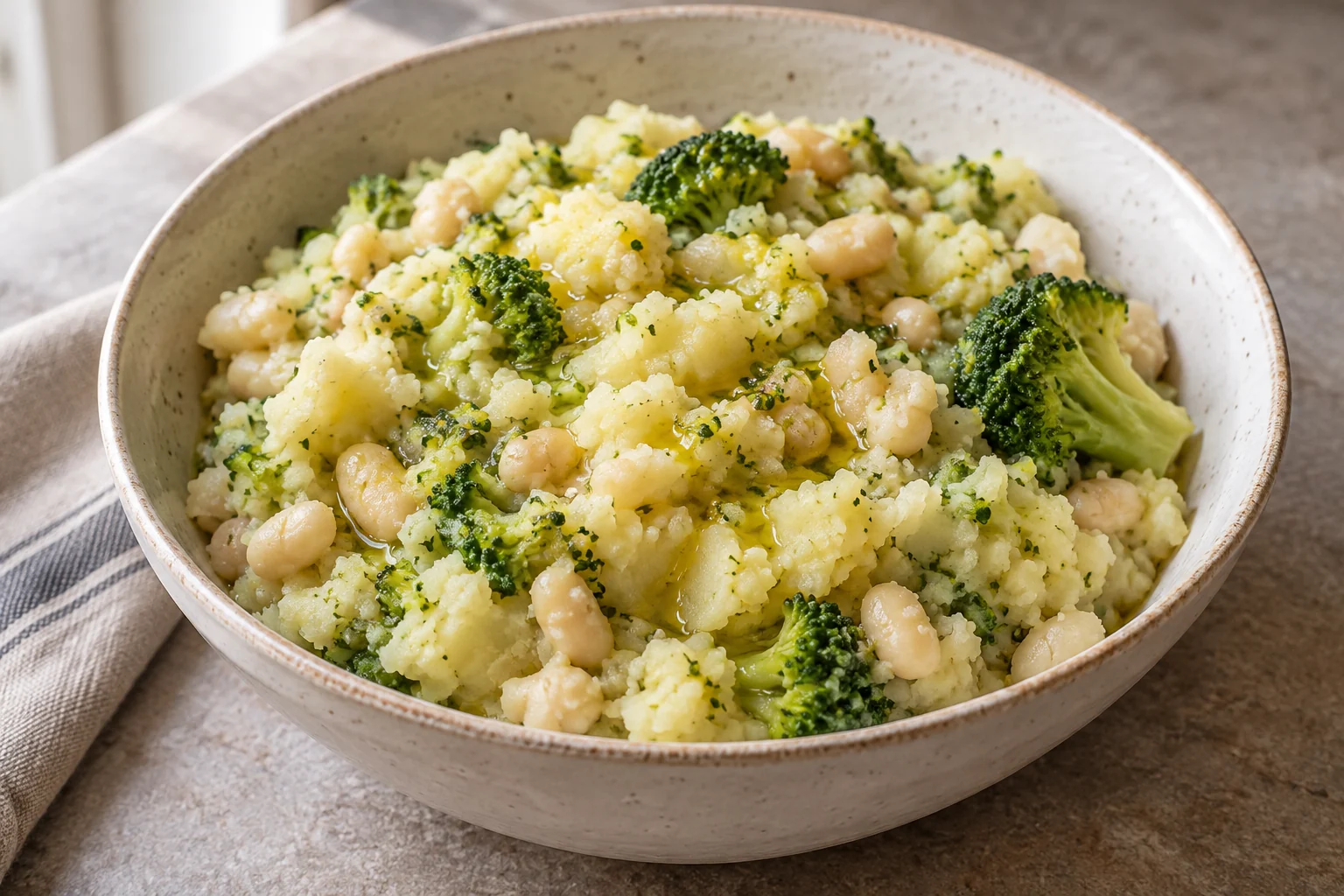 A rustic green-flecked mash of potatoes, broccoli and white beans finished with olive oil and lemon.