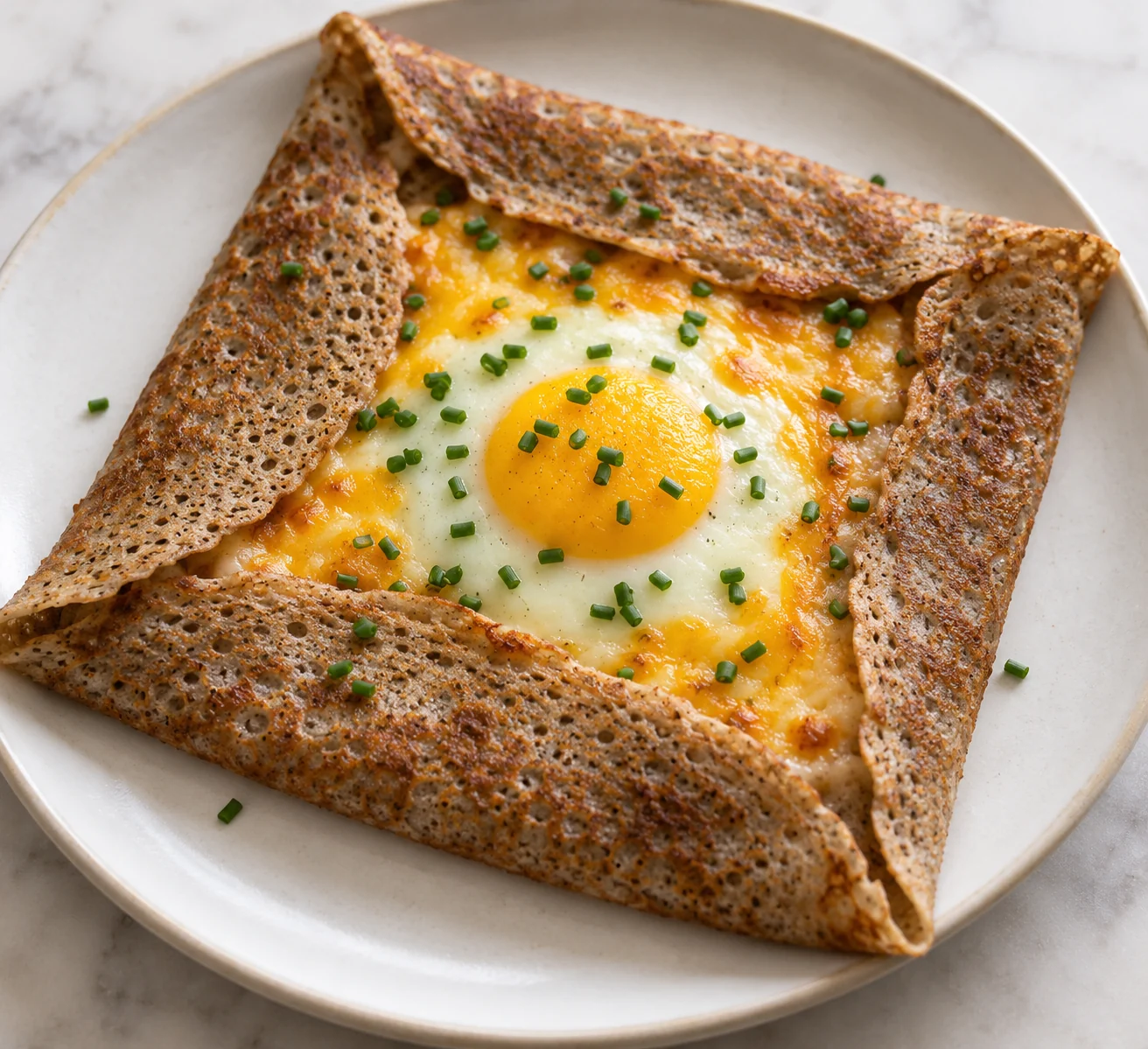 Freshly ground buckwheat crepes fold around set eggs and melted cheddar for a savory breakfast.