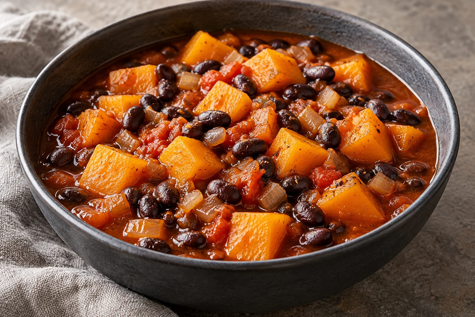 Tender butternut cubes and cooked black beans simmer in a tomato-and-cumin broth.