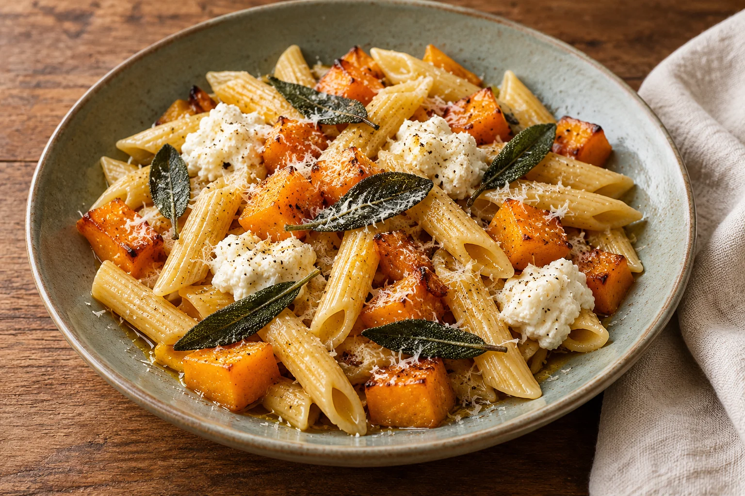 Ridged penne with roasted butternut squash, white ricotta dollops, fried sage leaves and grated Parmesan
