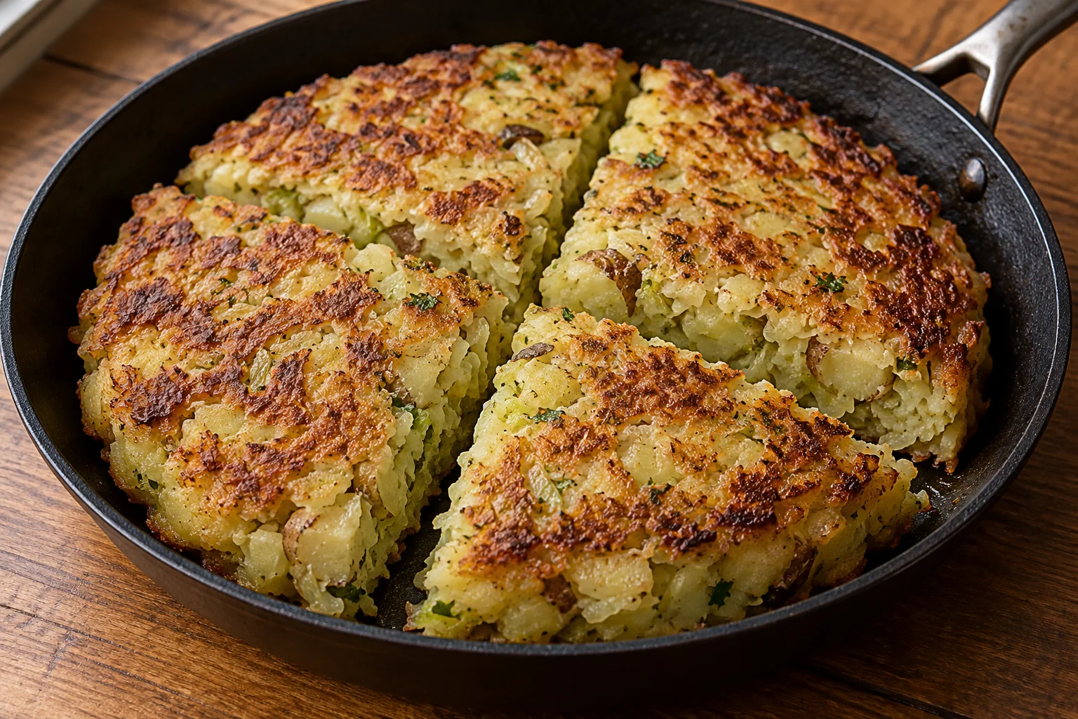 Rough skin-on potato mash and sautéed cabbage are pressed into one savory cake with a browned skillet crust.