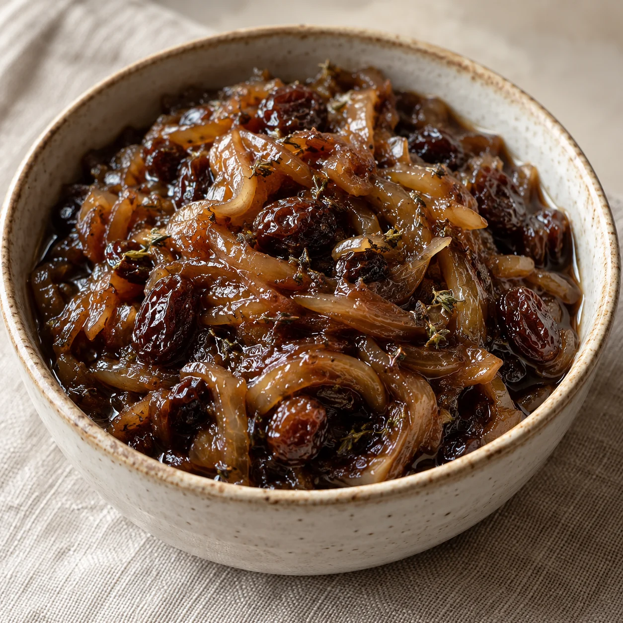 Soft browned onion strands and raisins cooked into a savory-sweet balsamic spread.