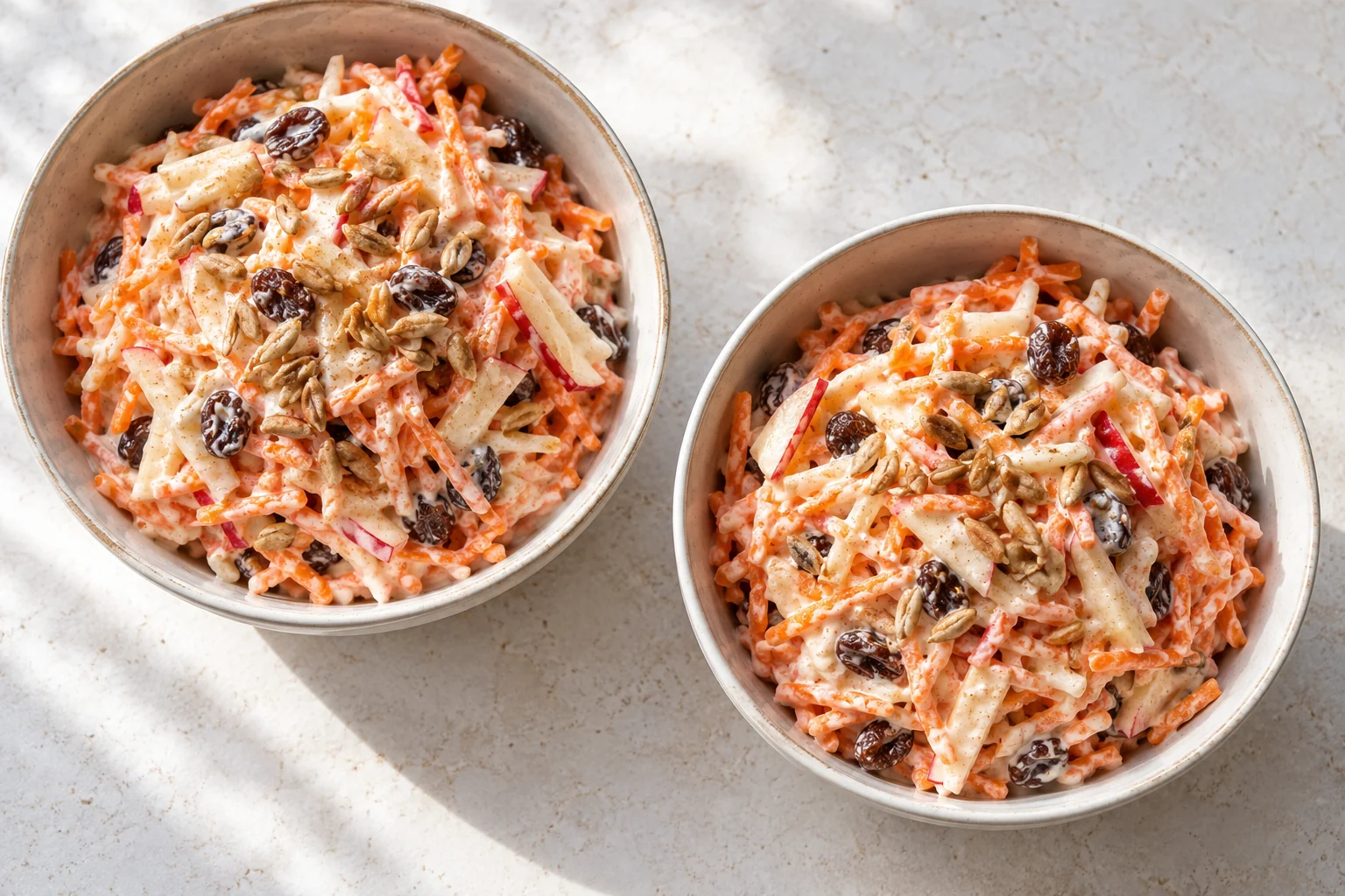 Coarsely grated carrot and skin-on apple meet thick yogurt, raisins and toasted sunflower kernels in a crisp breakfast bowl.