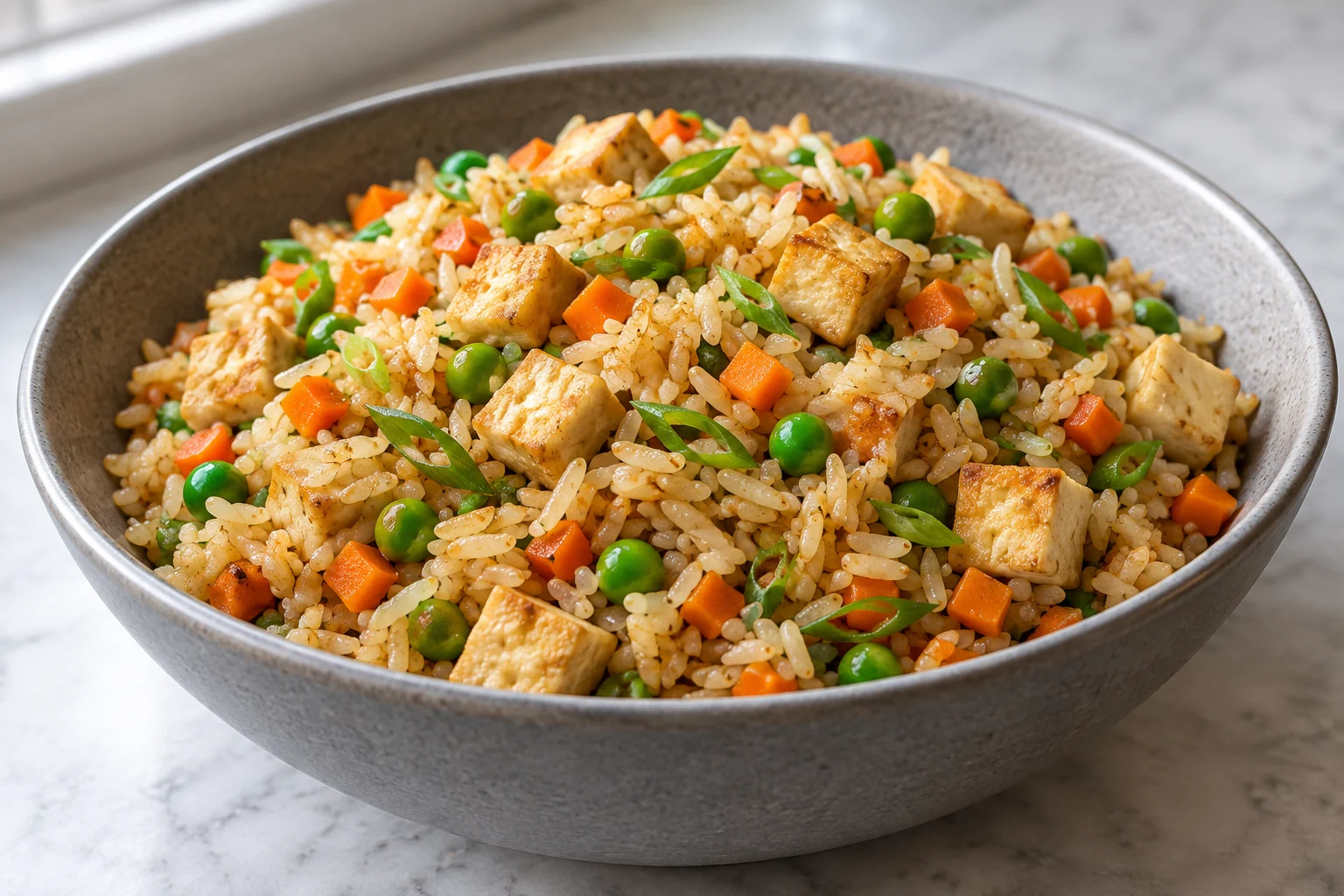 Freshly cooked rice is spread briefly to release steam, then stir-fried with tofu, carrot, peas and ginger.