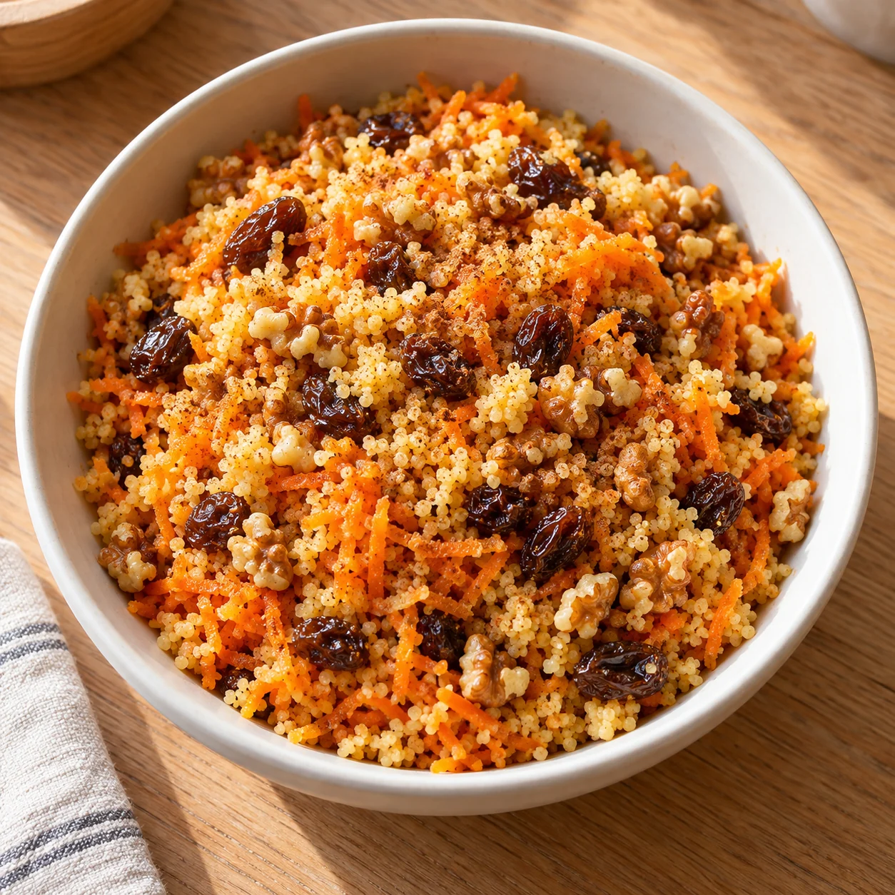 Fine couscous absorbs a warm cinnamon-carrot infusion, with raisins and walnuts folded through.