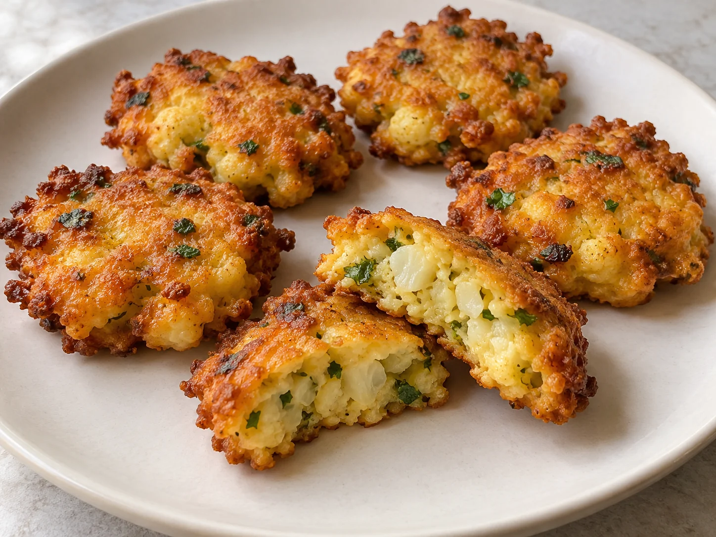Small tender cauliflower florets bound in paprika egg batter and shallow-fried as crisp-edged spoonfuls.