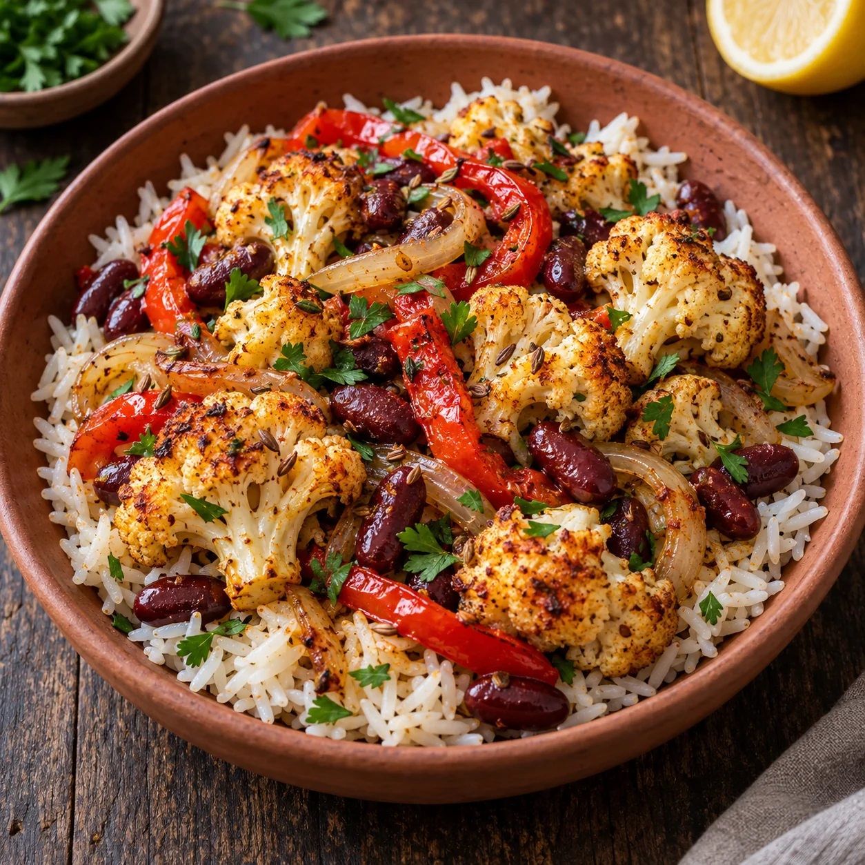 Golden roasted cauliflower and red peppers join kidney beans over rice with cumin and lemon.