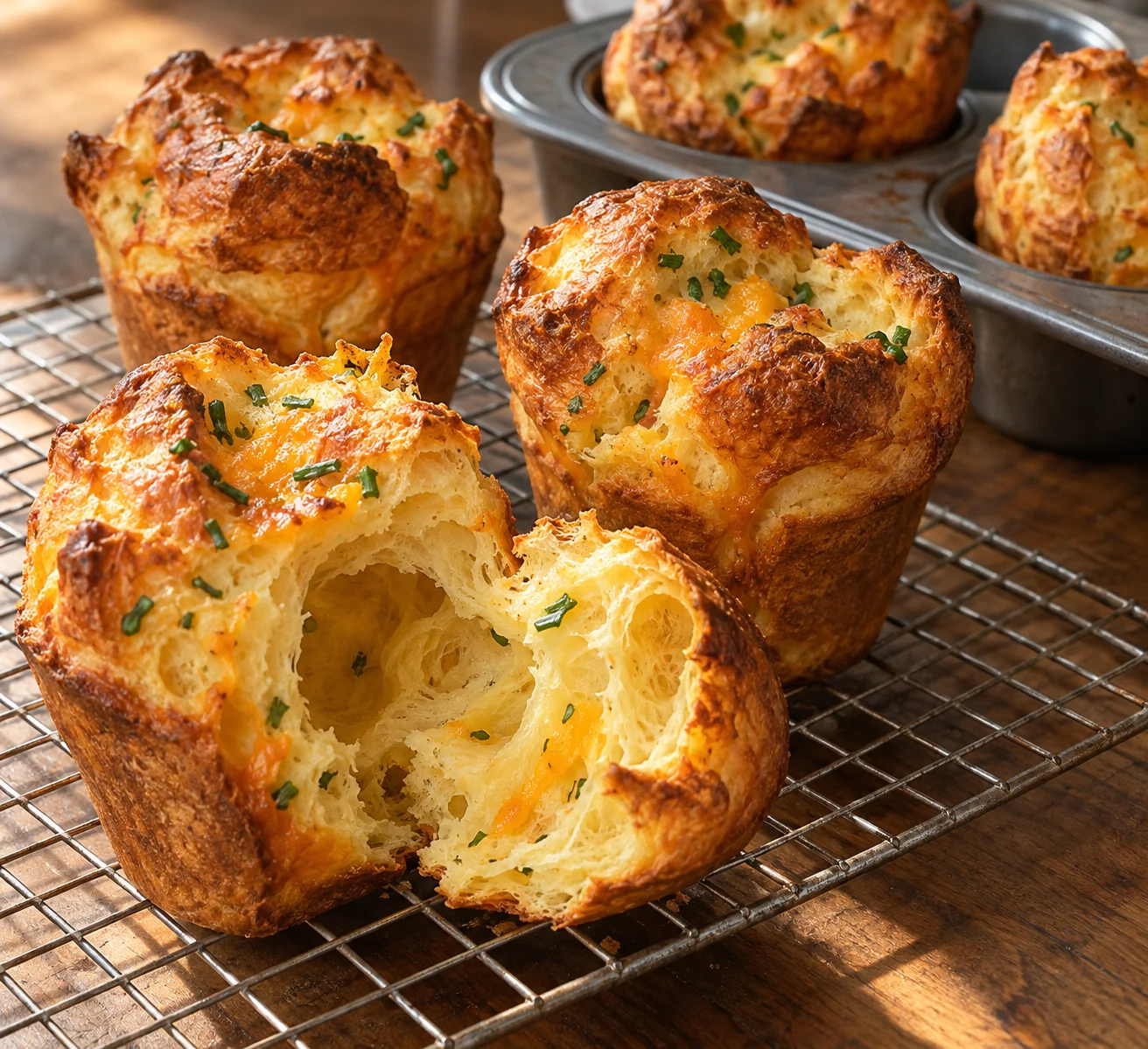 A thin egg-and-milk batter rises with steam into crisp-edged muffin-pan popovers flecked with chives and cheddar.