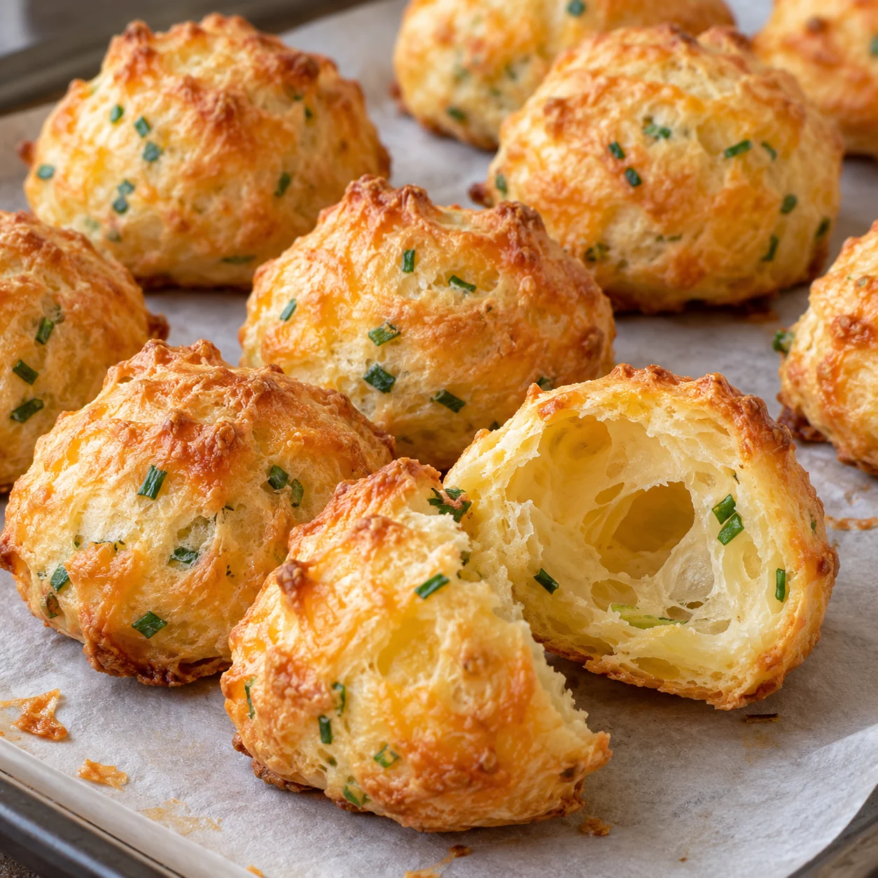 Light hollow cheese puffs made from cooked choux paste with finely grated cheddar and chopped chives.