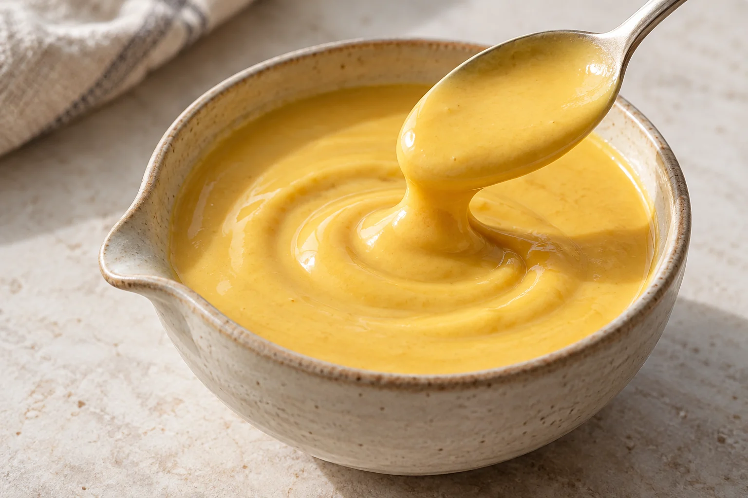 A smooth milk-and-roux sauce finished off the heat with cheddar and prepared yellow mustard.