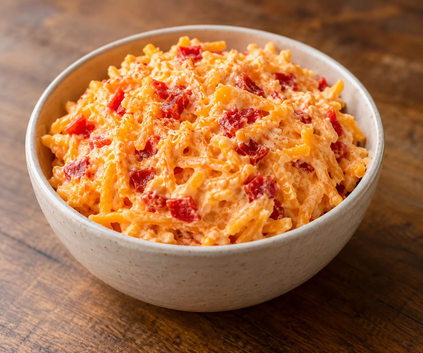 Coarsely grated cheddar folded with finely chopped roasted peppers, mayonnaise and a small pinch of cayenne.