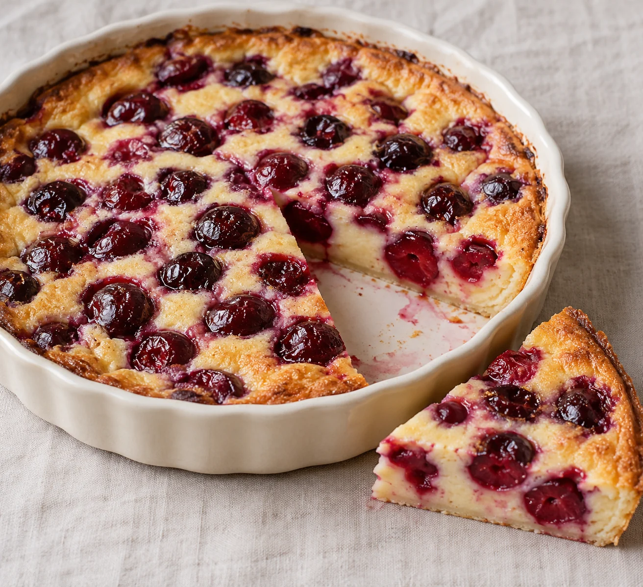 Pitted sweet cherries bake inside a softly set vanilla egg-and-milk batter, then rest before slicing.