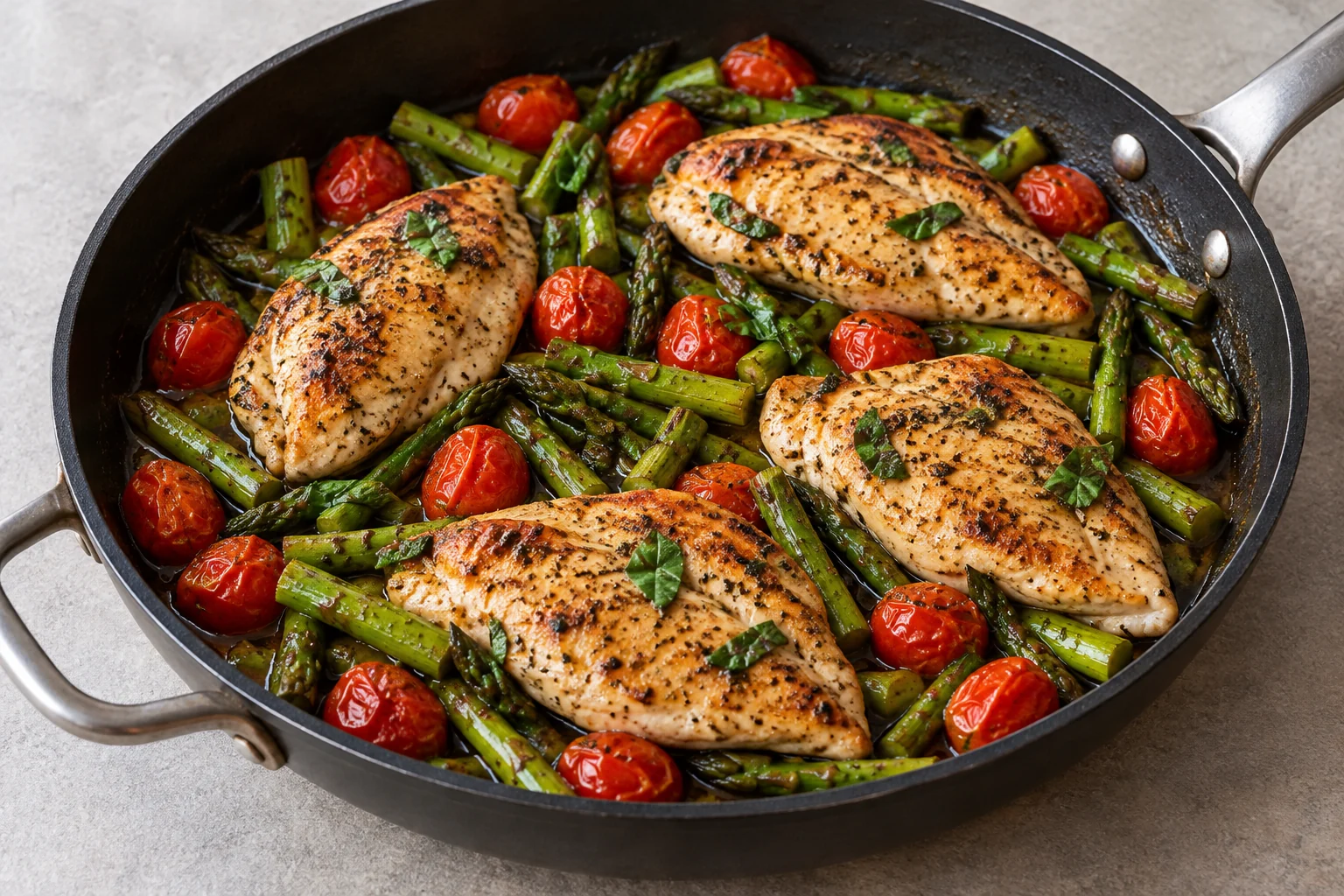 Browned chicken cutlets with asparagus, blistered cherry tomatoes and basil in a dark skillet.