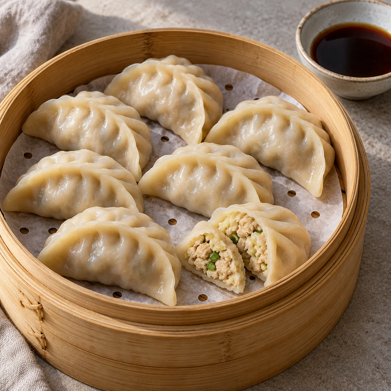 Handmade wheat wrappers enclose chicken, finely chopped cabbage and ginger, served with a measured soy-vinegar dip.
